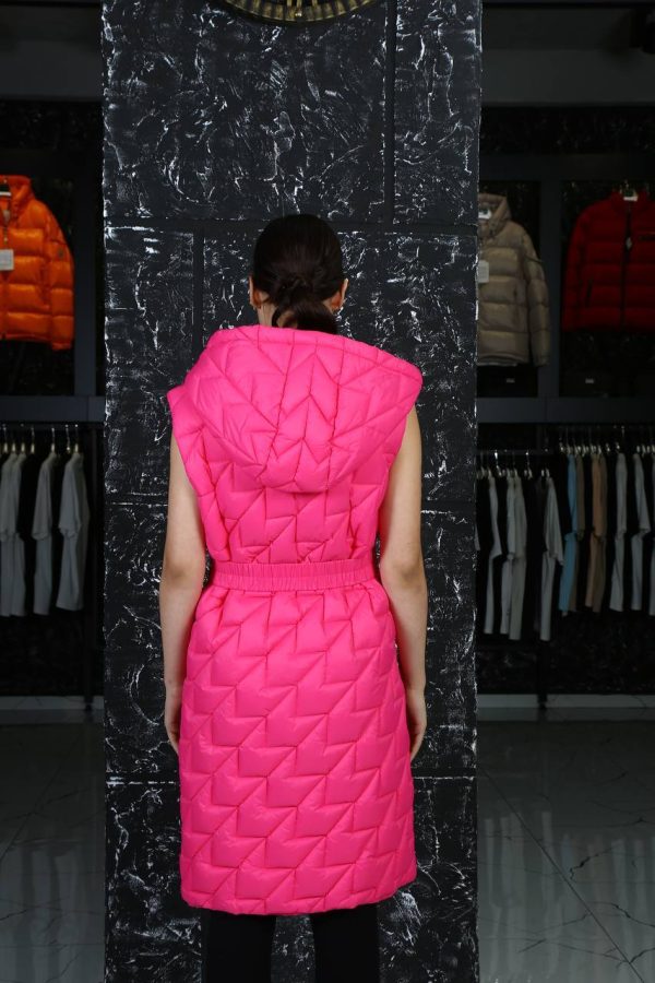 moncler yelek uzun pembe kemerli