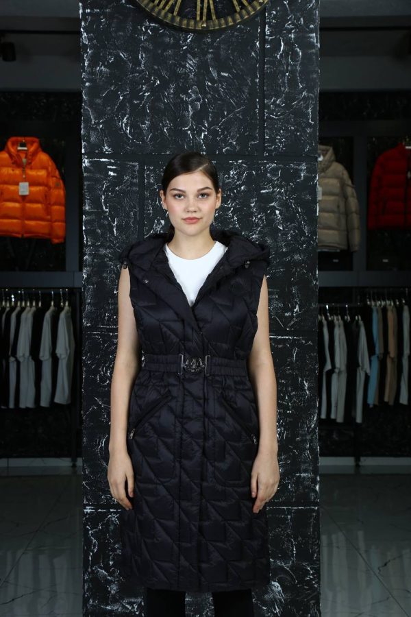 moncler yelek uzun siyah kemerli