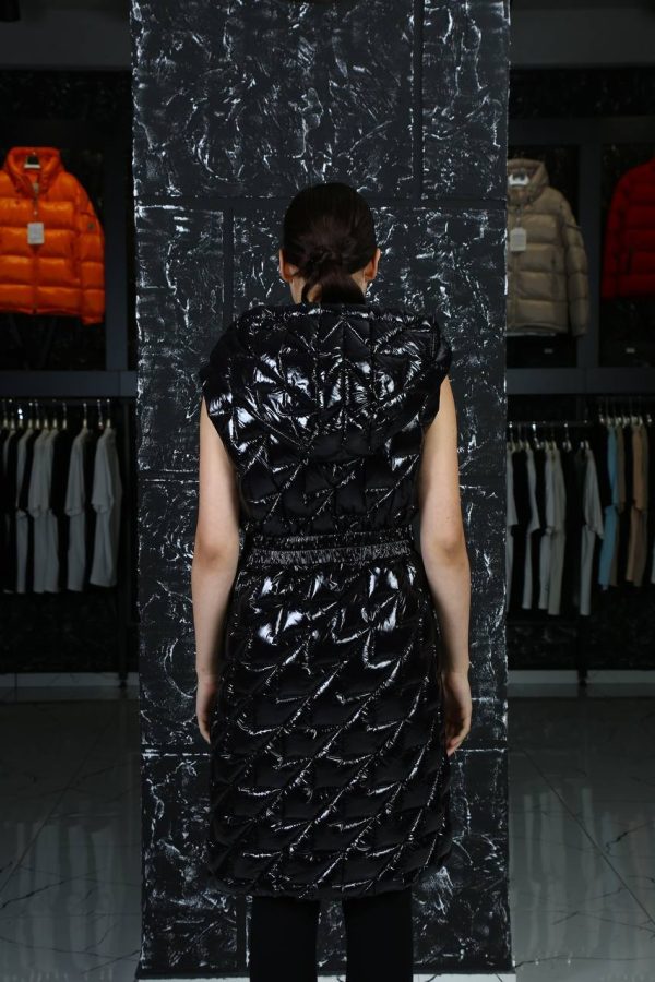 moncler yelek uzun siyah kemerli parlak
