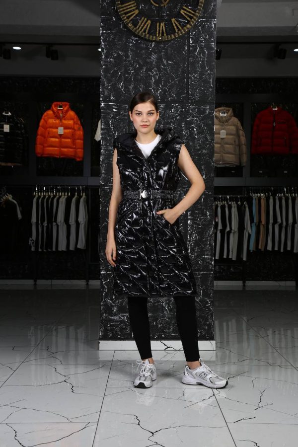 moncler yelek uzun siyah kemerli parlak