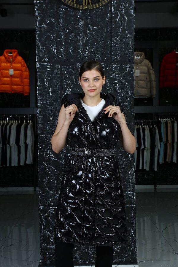 moncler yelek uzun siyah kemerli parlak