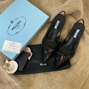 prada ayakkabi 2 cm siyah payetli satin sling back pumps with crystals