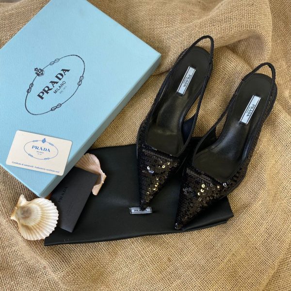 prada ayakkabi 2 cm siyah payetli satin sling back pumps with crystals