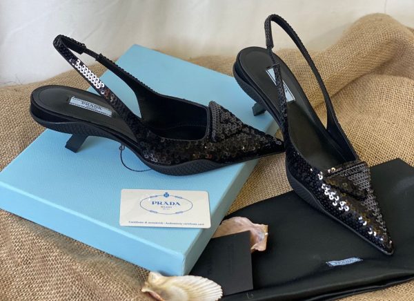prada ayakkabi 2 cm siyah payetli satin sling back pumps with crystals