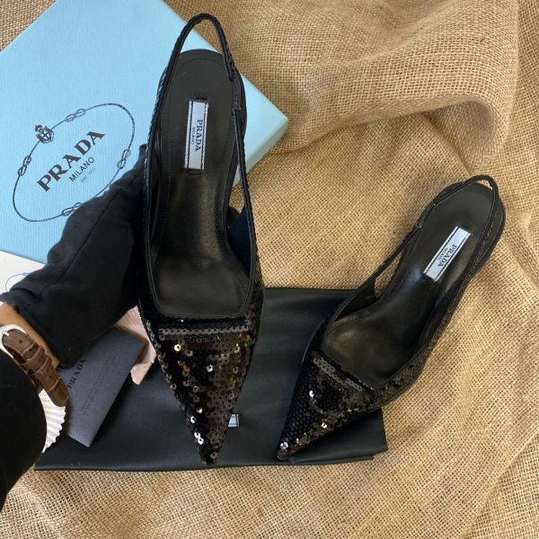 prada ayakkabi 2 cm siyah payetli satin sling back pumps with crystals