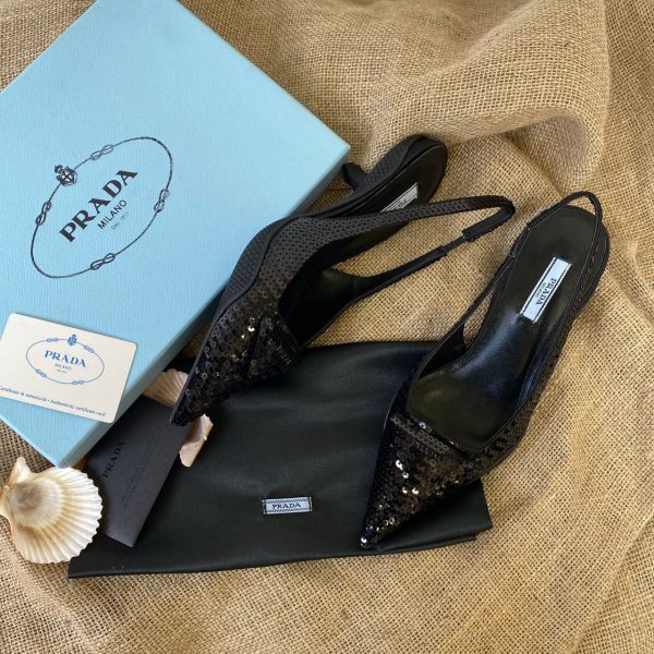 prada ayakkabi 2 cm siyah payetli satin sling back pumps with crystals