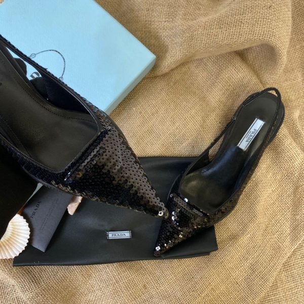prada ayakkabi 2 cm siyah payetli satin sling back pumps with crystals