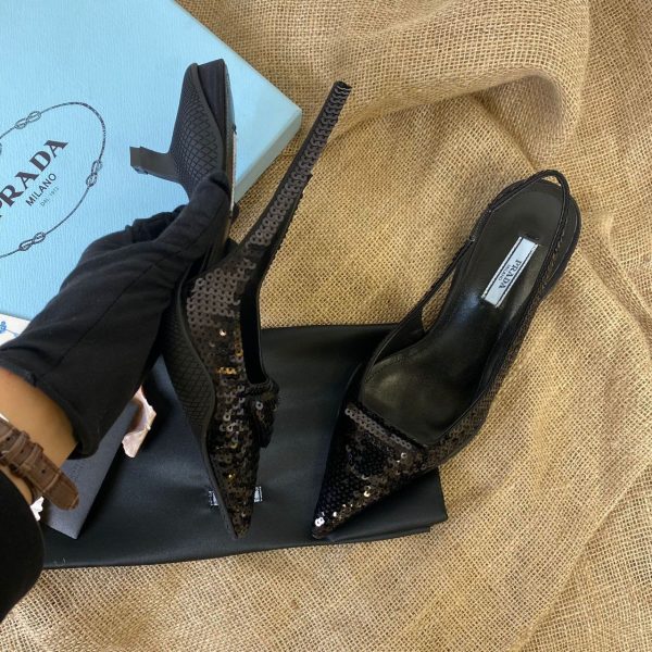 prada ayakkabi 2 cm siyah payetli satin sling back pumps with crystals
