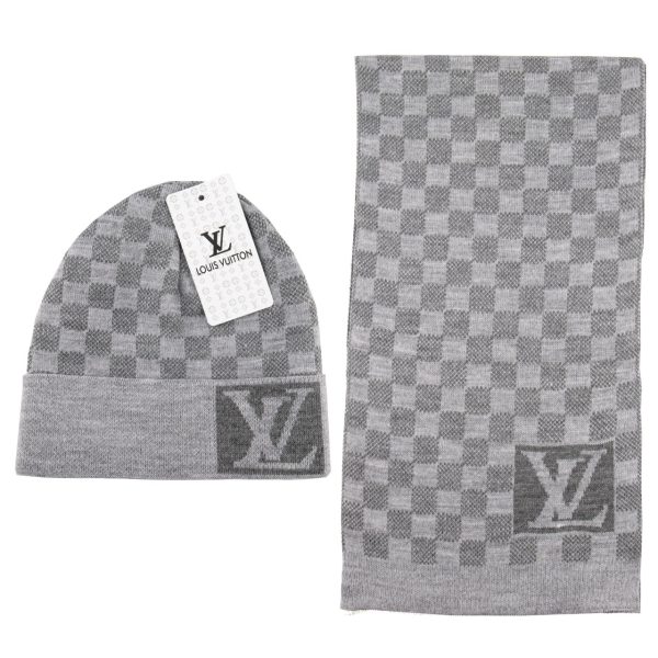 louis vuitton atki bere takimi erkek gri damali buyuk logo
