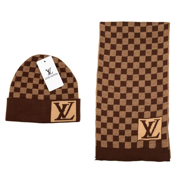 louis vuitton atki bere takimi erkek kahve damali buyuk logo