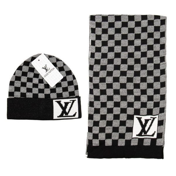 louis vuitton atki bere takimi erkek siyah gri  damali buyuk logo