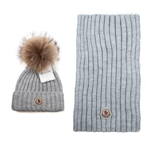 moncler atki bere takimi gri tilki tuyu ponponlu