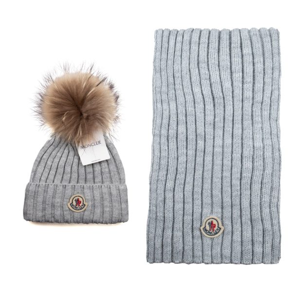 moncler atki bere takimi gri tilki tuyu ponponlu