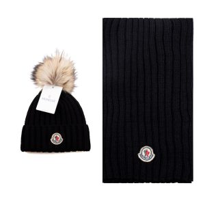 moncler atki bere takimi siyah tilki tuyu ponponlu