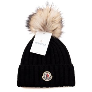 moncler bere siyah ponponlu tilki tuyu