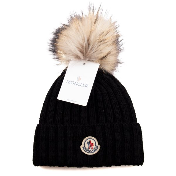 moncler bere siyah ponponlu tilki tuyu